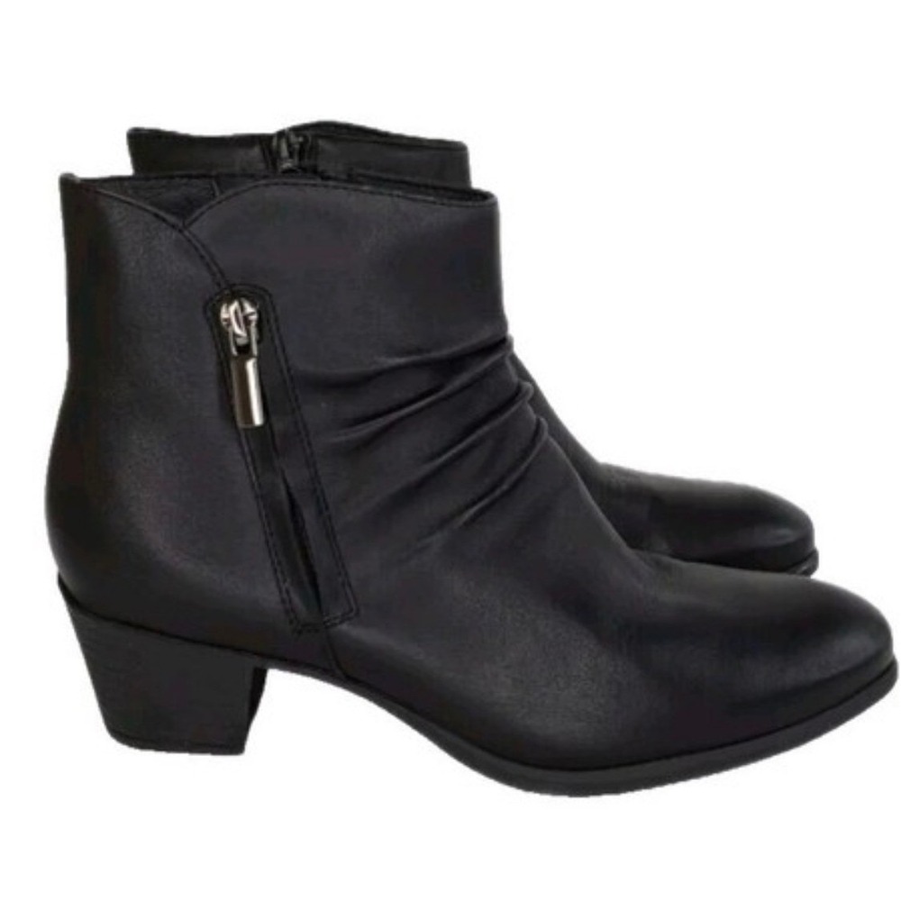 Munro Black Leather Ruched Ankle Boots Size 8 N Narrow Side Zip Block Heel NEW